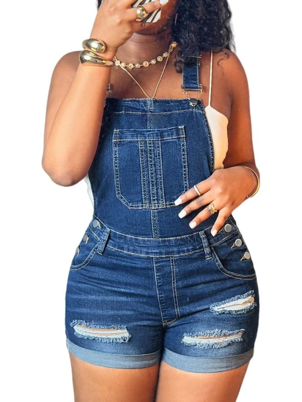 Women's Blue Adjustable Shoulder Straps Cuff Side Buttons Pockets Denim Rompers